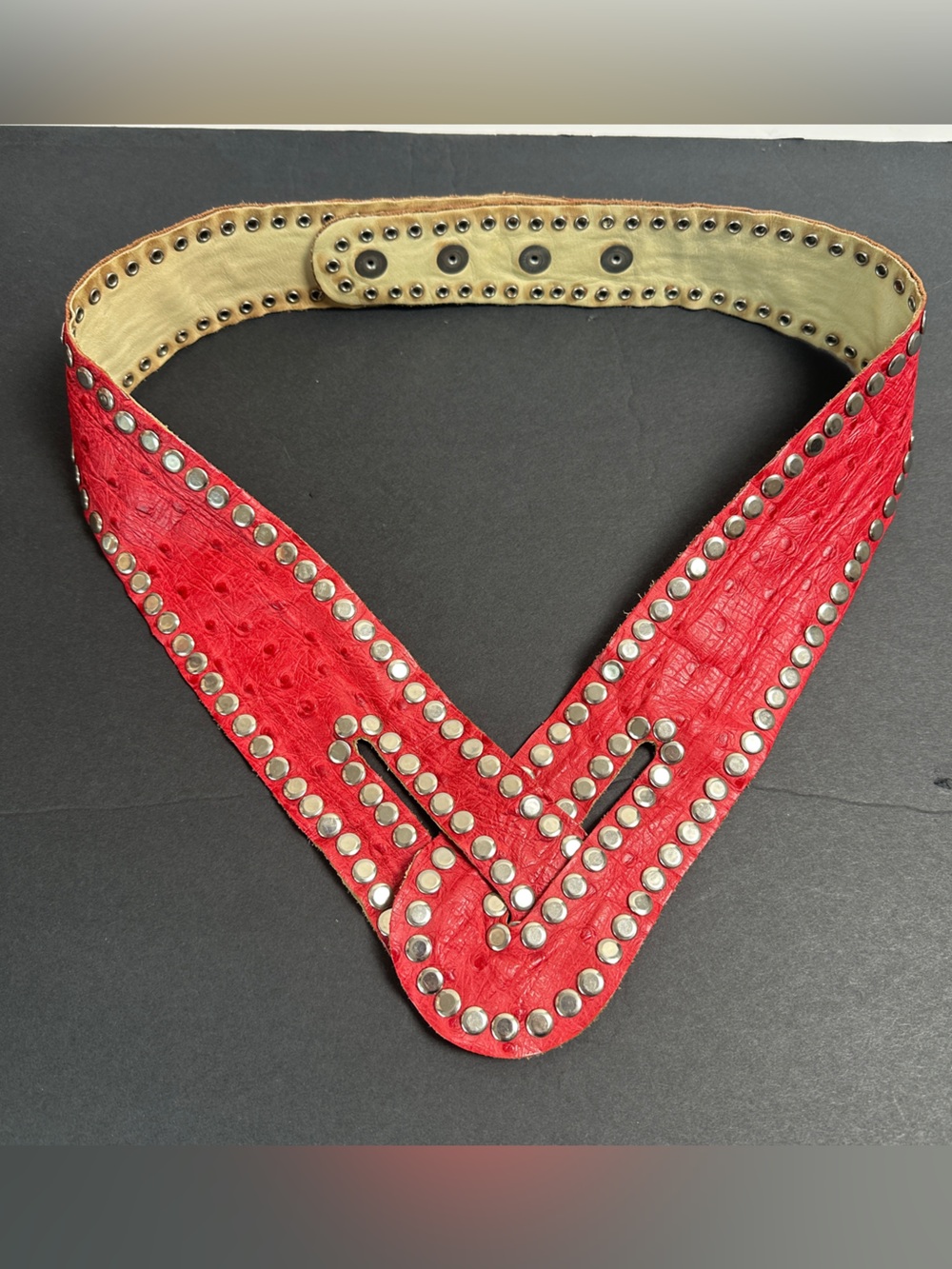 Vintage Genuine Ostrich Leather Belt L Red Silver Studded Cummerbund‎ Adjustable